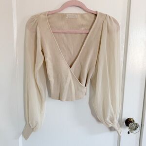 URBAN OUTFITTERS RIBBED WRAP BLOUSE WITH BALLOON SLEEVES